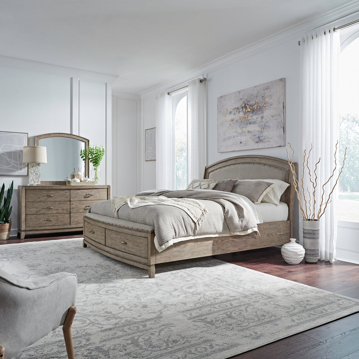 Avalon Queen Uph Storage Bed, Dresser & Mirror