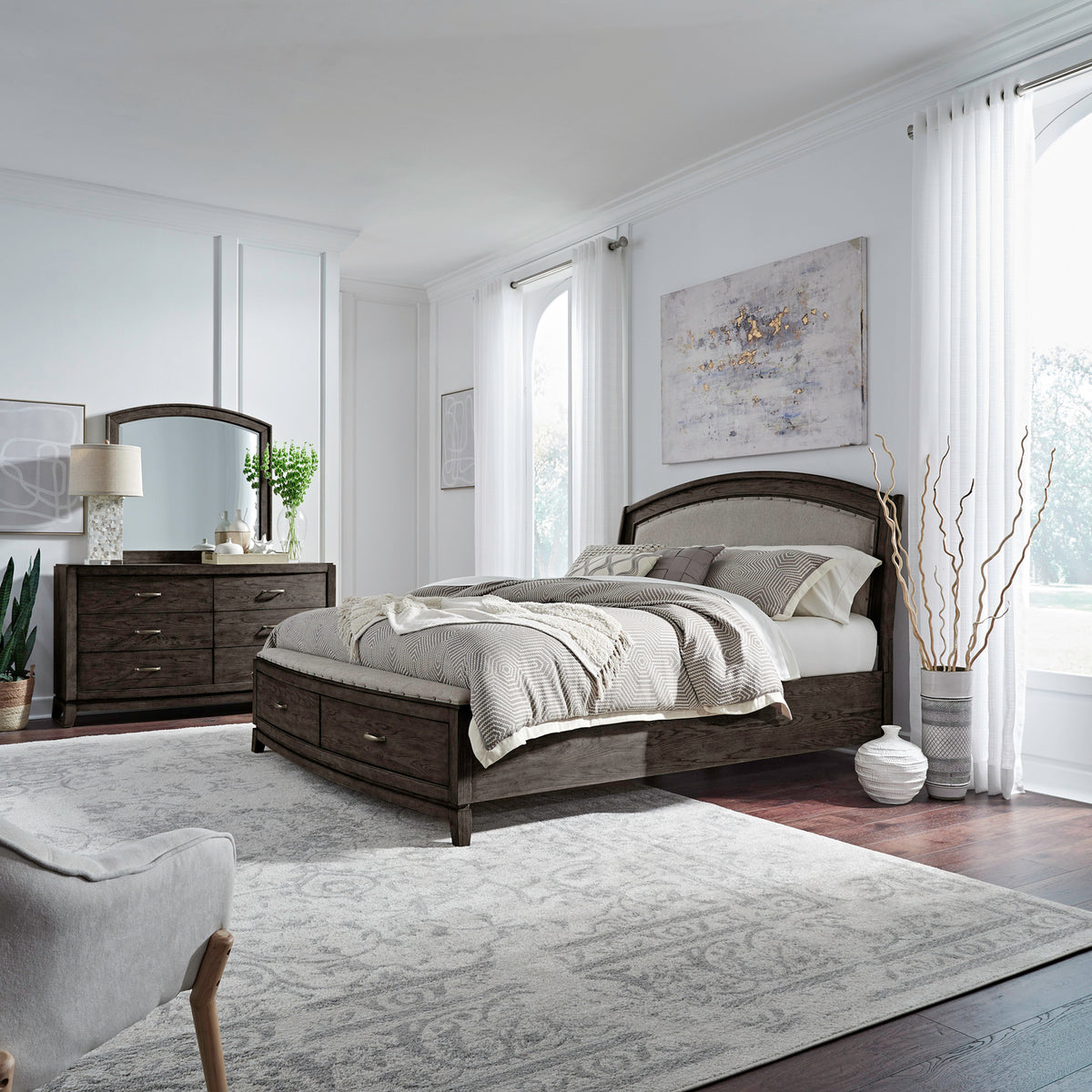 Avalon Queen Uph Storage Bed, Dresser & Mirror