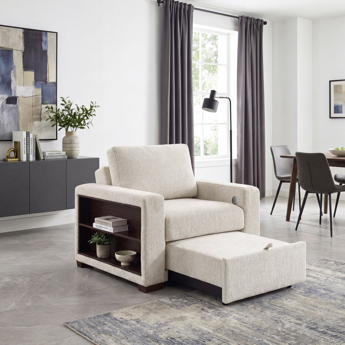Isla Convertible Chair with Pull-out Bed, Click Motion Back, Two Arms with Shelves and Charging Ports