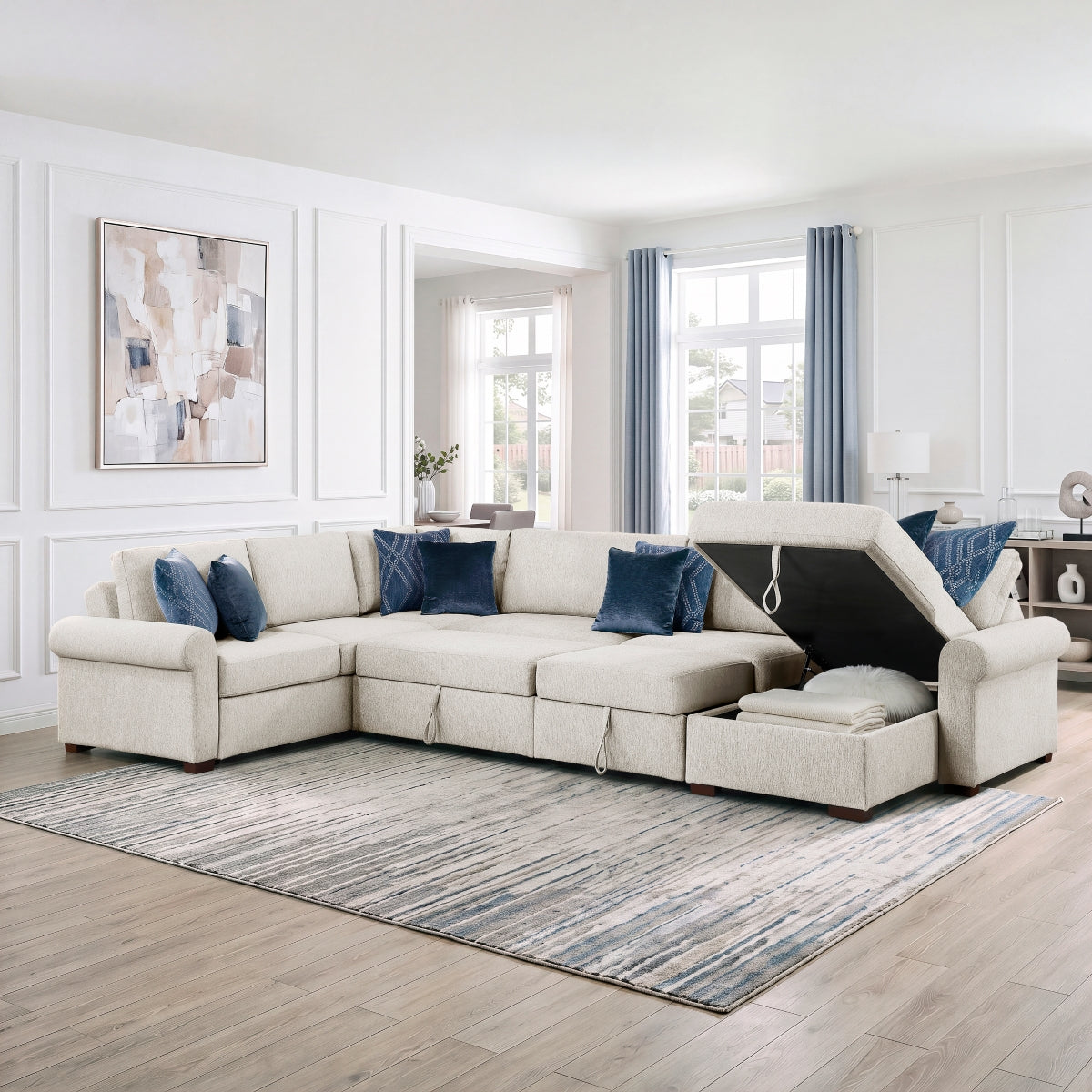 Isla 5-Piece Sectional with Reversible Chaise, Pull-out Bed, Hidden Storage and Click Motion Back