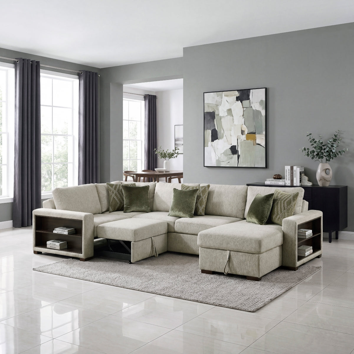 Isla 4-Piece Sectional with Reversible Chaise, Pull-out Bed, Hidden Storage and Click Motion Back
