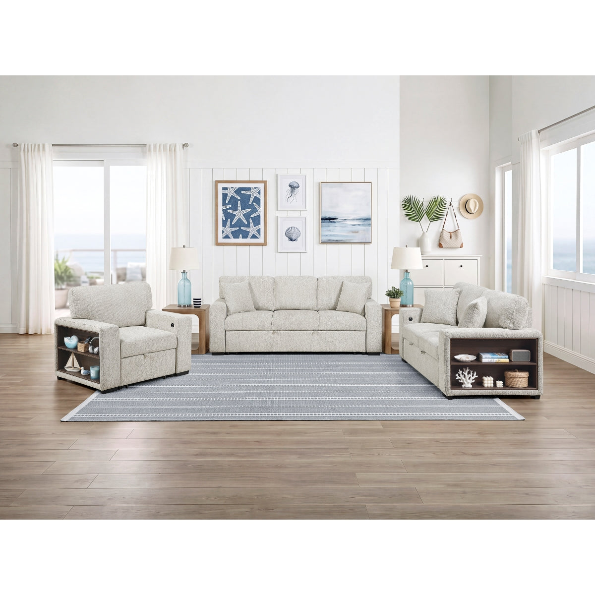 Alcove Love Seat with Pull-out Bed, Arms with Shelves and Charging Ports
