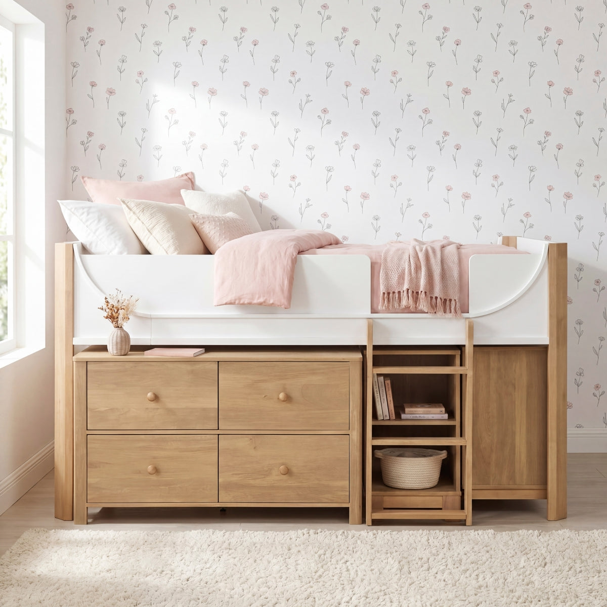 Liam Low Loft Bed with 2-Shelf Bookcase, 4-Shelf Bookcase and Dresser