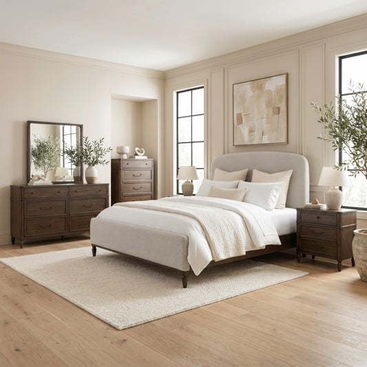 Wesley Hall Queen Uph Bed, Dresser & Mirror, Chest, Night Stand