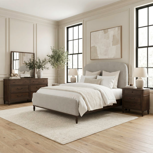 Wesley Hall Queen Uph Bed, Dresser & Mirror, Night Stand