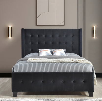 Queen Bed W/ Tufted And W/ Speaker & Usb/Type C, Black Velvet