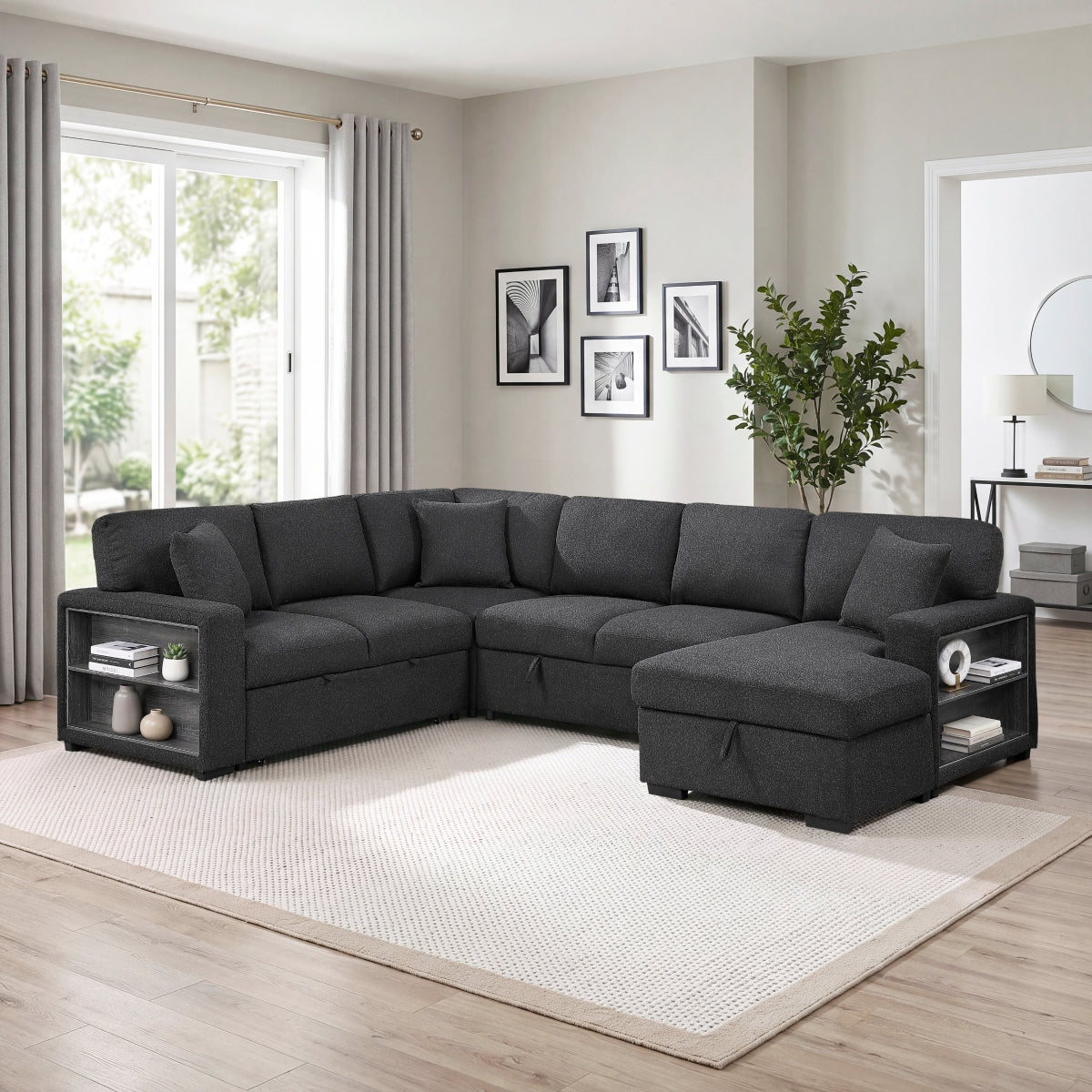 Pompano Sectional with Right Chaise, Pull-out Bed, Hidden Storages and Shelves, Charging Ports