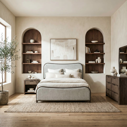 Skye View Queen Uph Bed, Dresser & Mirror, Night Stand