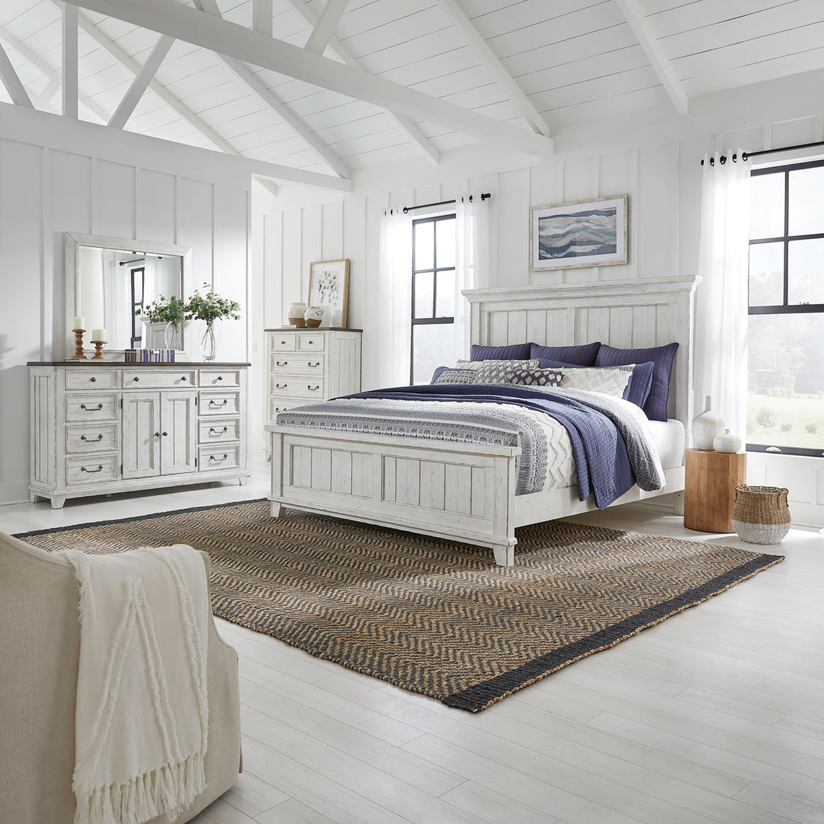 River Place Queen Panel Bed, Dresser & Mirror, Chest