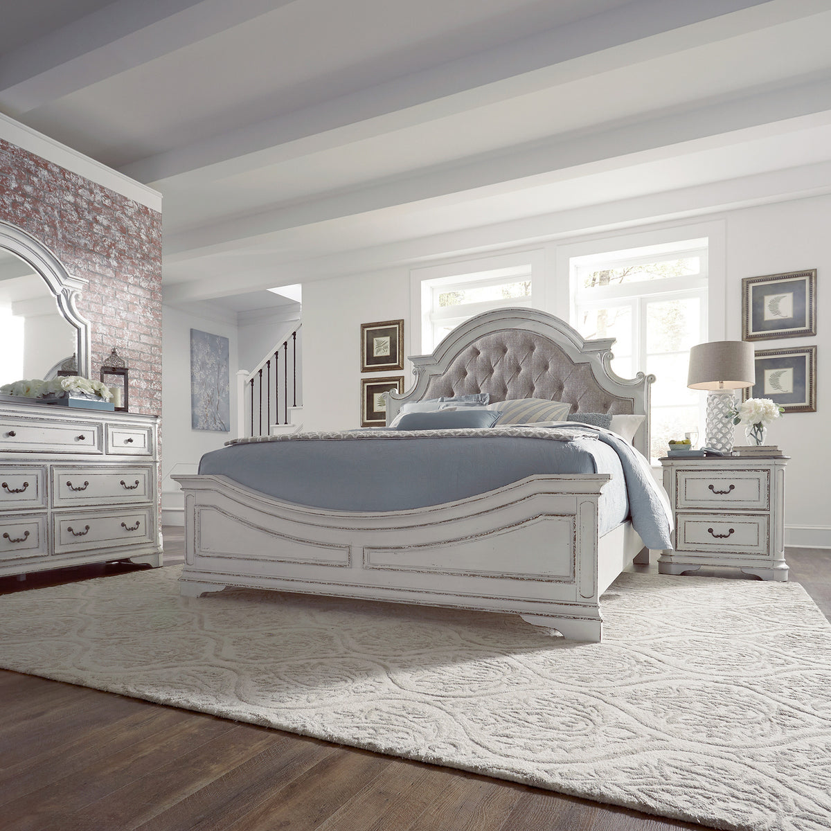Magnolia Manor Queen Uph Bed, Dresser & Mirror, Night Stand Bedroom Set (244-BR-QUBDMN)