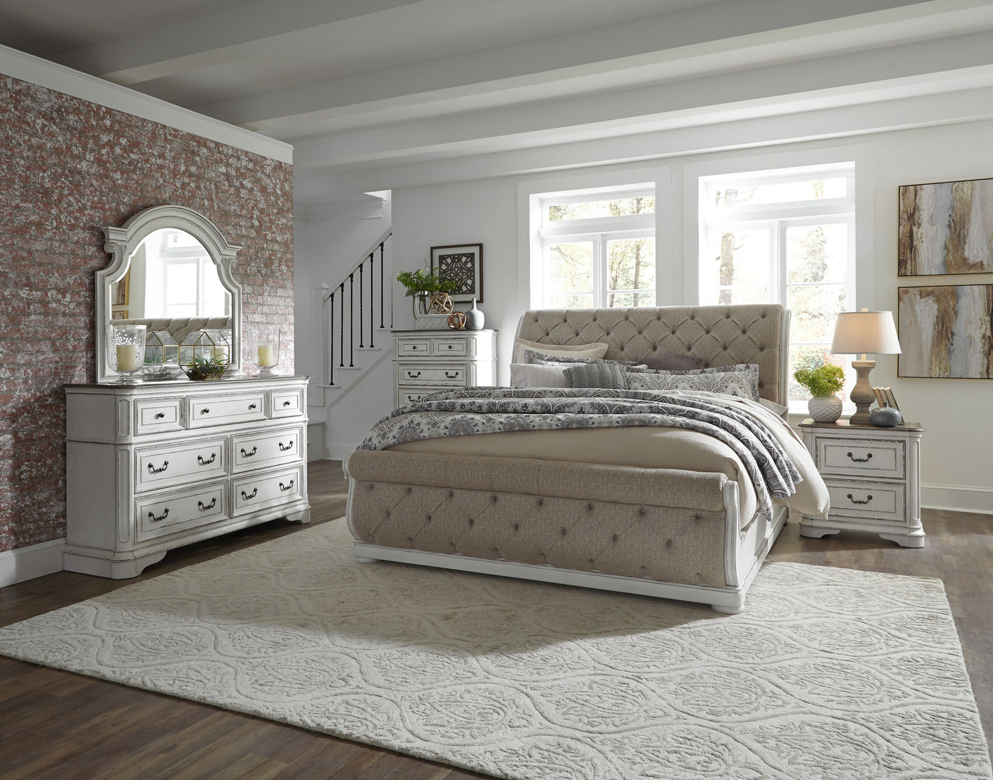 Magnolia Manor Queen Uph Sleigh Bed, Dresser & Mirror, Chest, Night Stand