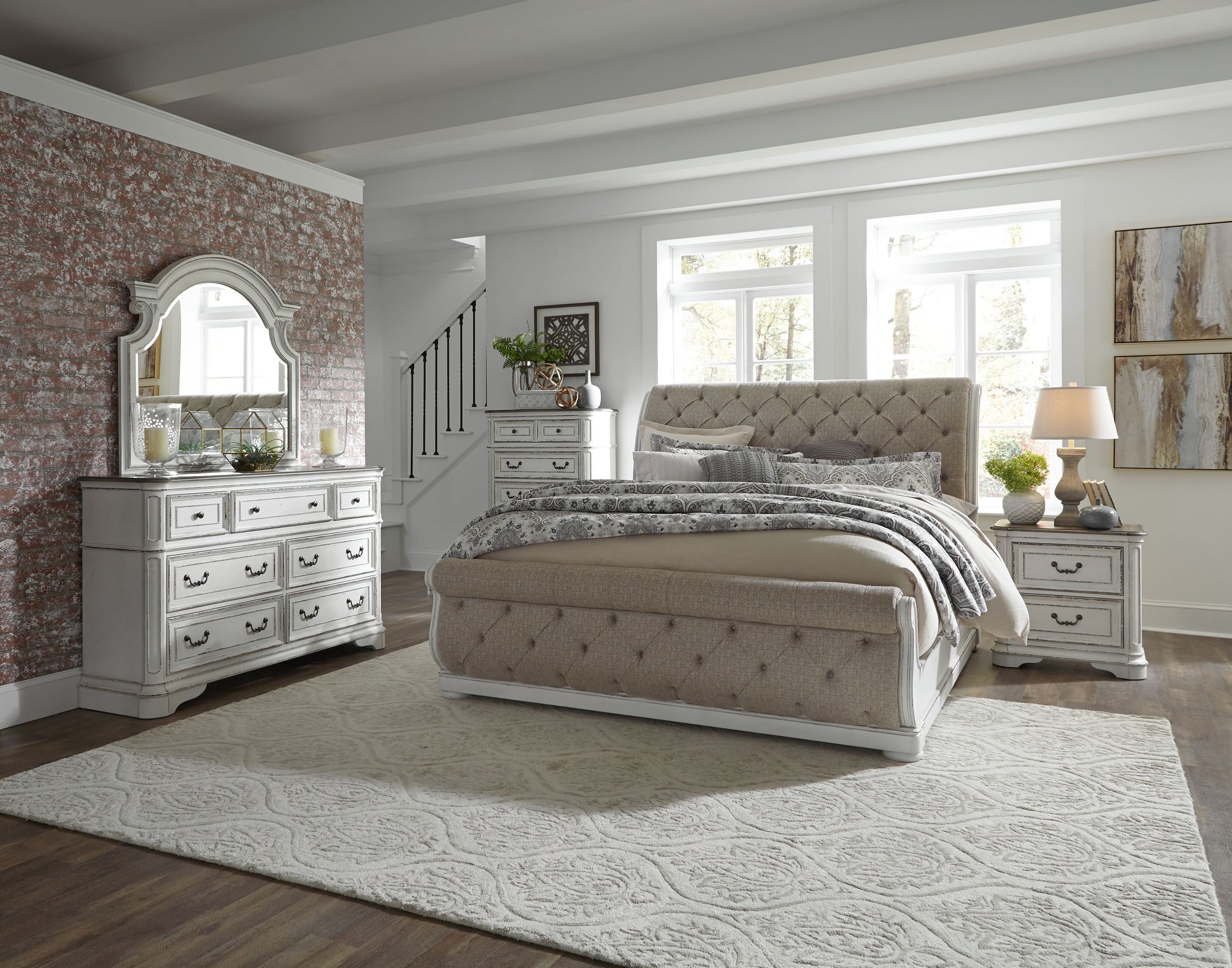 Magnolia Manor Queen Uph Sleigh Bed, Dresser & Mirror, Chest, Night Stand