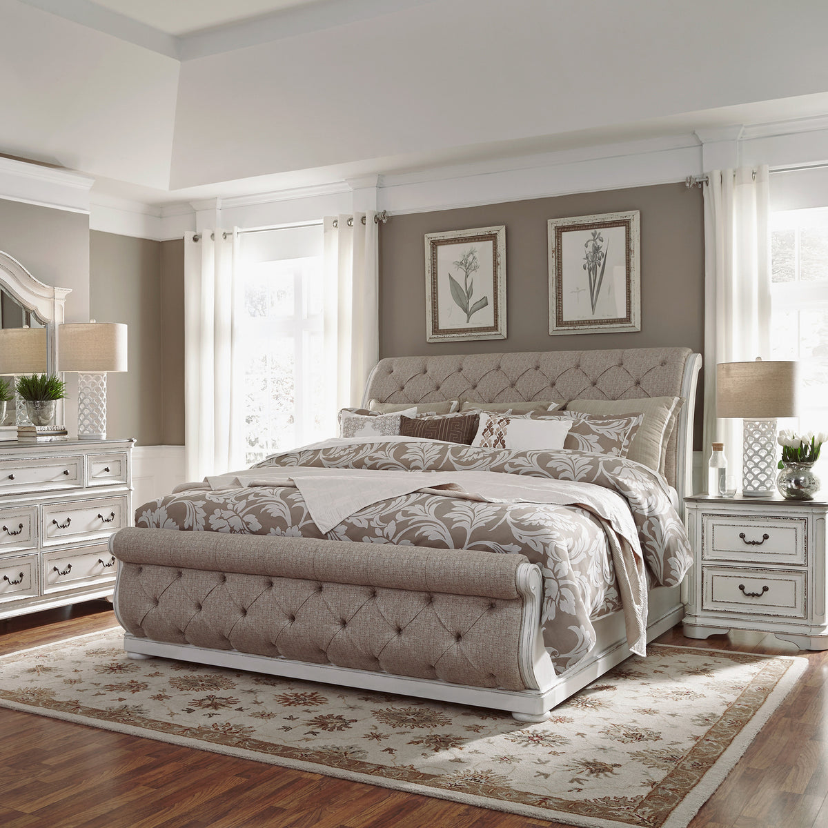 Magnolia Manor Queen Uph Sleigh Bed, Dresser & Mirror, Night Stand Bedroom Set