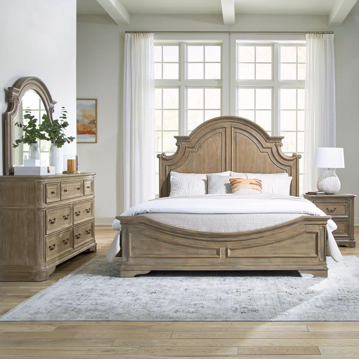 Magnolia Manor Queen Panel Bed, Dresser & Mirror, Night Stand