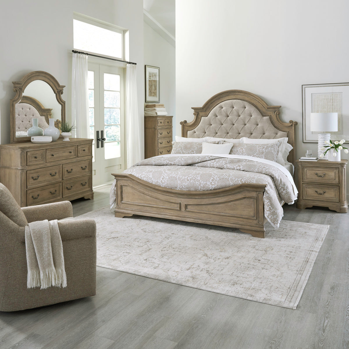 Magnolia Manor Queen Uph Bed, Dresser & Mirror, Chest, Night Stand Bedroom Set (244N-BR-QUBDMCN)