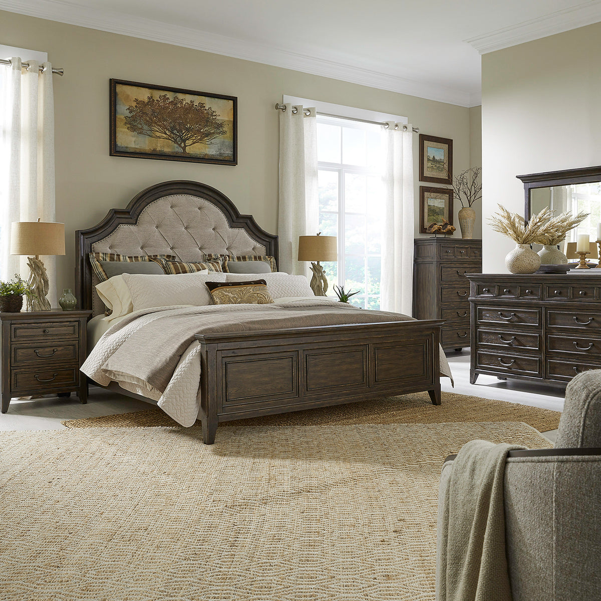 Paradise Valley Queen Uph Bed, Dresser & Mirror, Chest, Night Stand