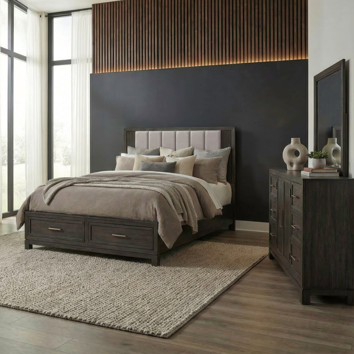Modern Edge Queen Storage Bed, Dresser & Mirror