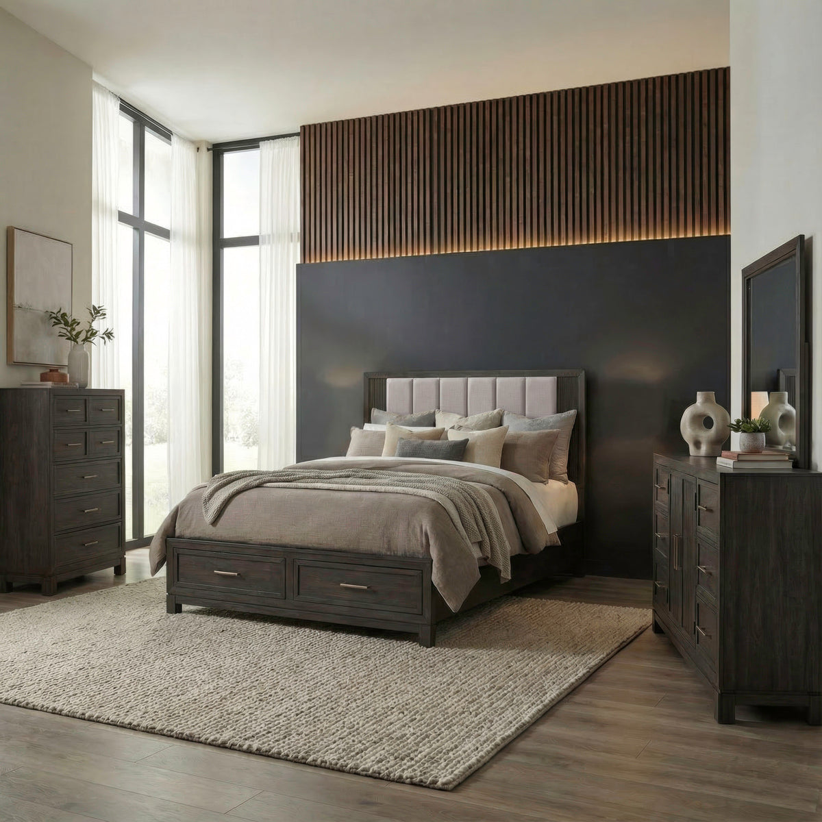 Modern Edge Queen Storage Bed, Dresser & Mirror, Chest