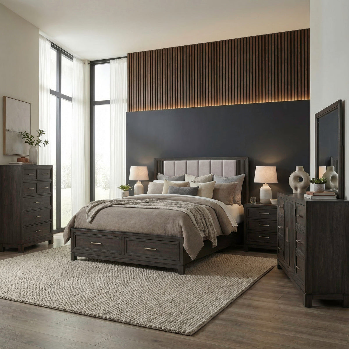 Modern Edge Queen Storage Bed, Dresser & Mirror, Chest, Night Stand