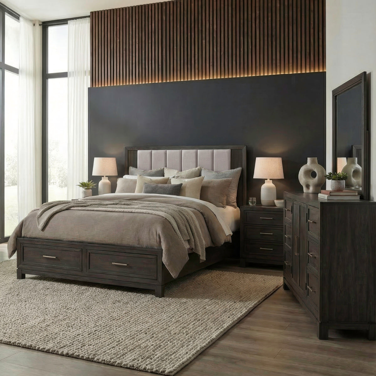 Modern Edge Queen Storage Bed, Dresser & Mirror, Night Stand