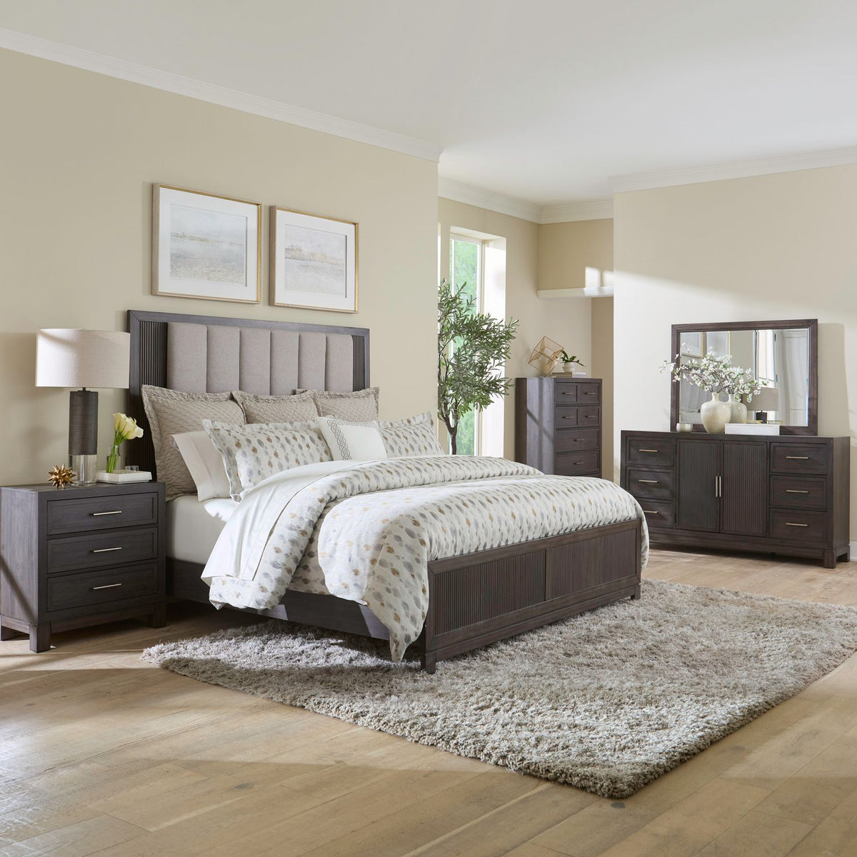 Modern Edge Queen Uph Bed, Dresser & Mirror, Chest, Night Stand