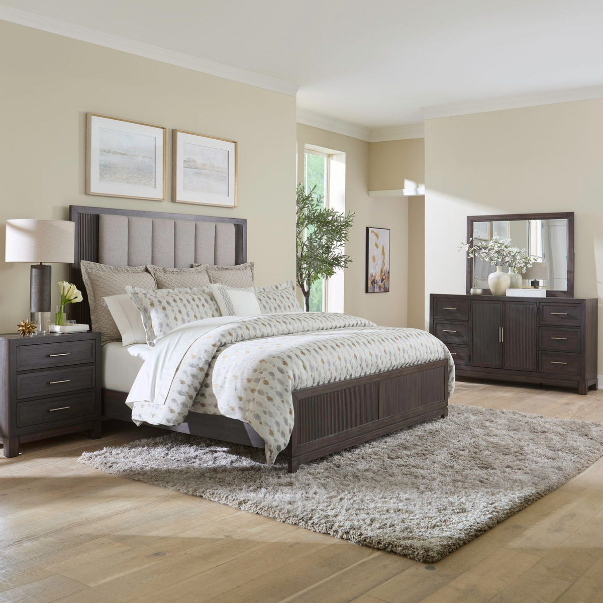 Modern Edge Queen Uph Bed, Dresser & Mirror, Night Stand