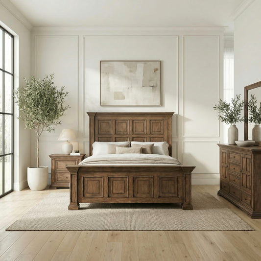 Big Valley Queen Panel Bed, Dresser & Mirror, Night Stand