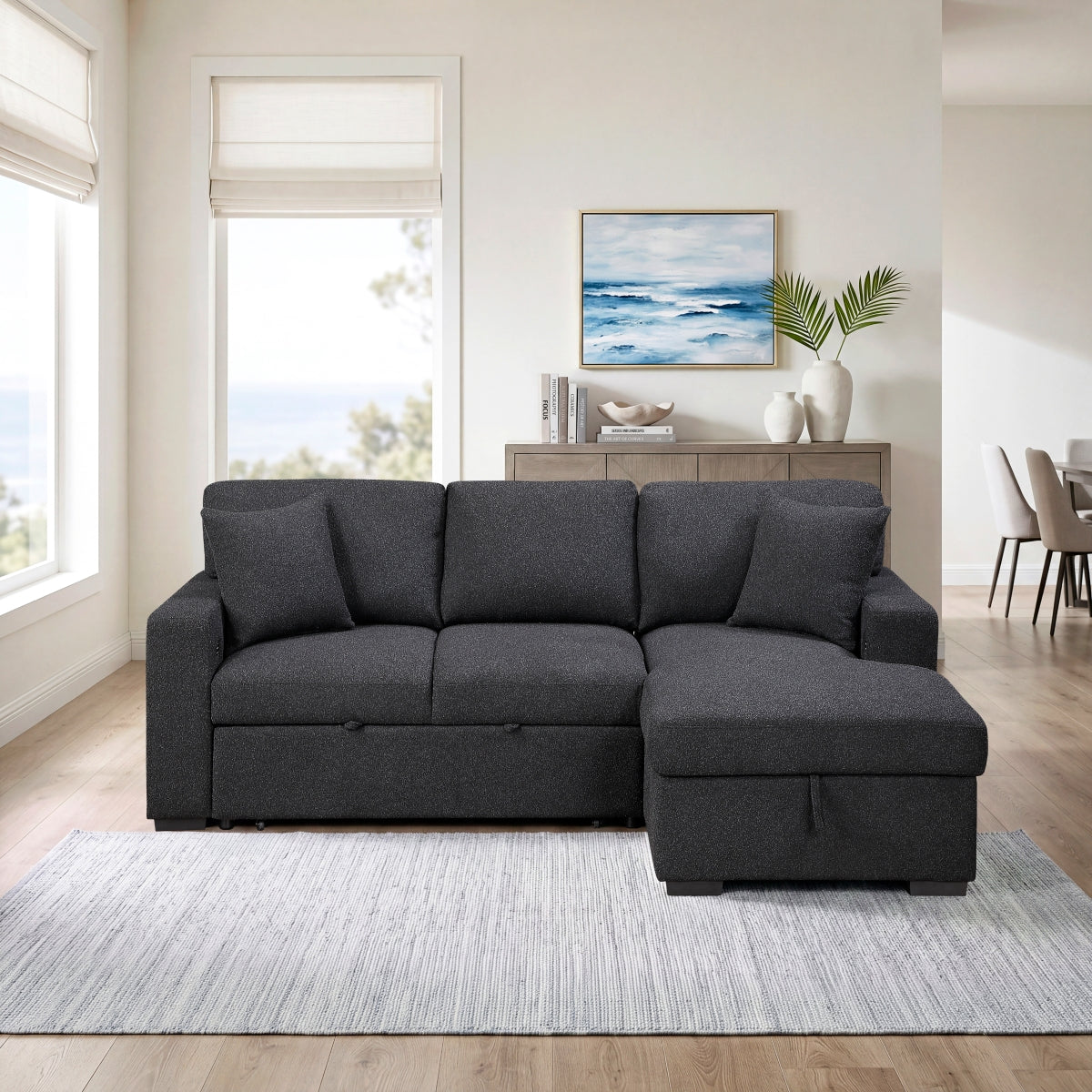 Pompano Sectional with Right Chaise, Pull-out Bed, Hidden Storage and Shelves, Charging Ports