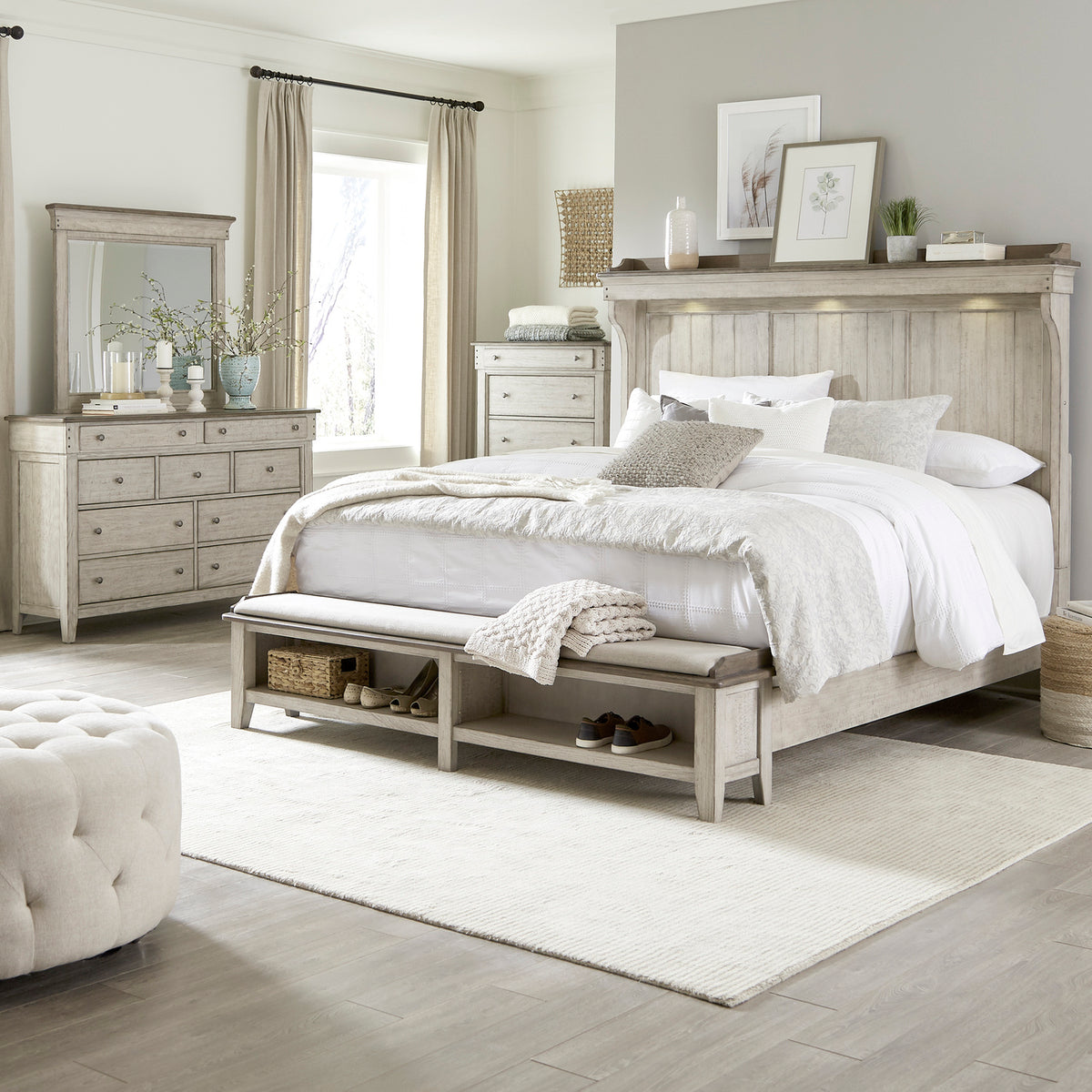 Ivy Hollow Queen Mantle Storage Bed, Dresser & Mirror, Chest Bedroom Set
