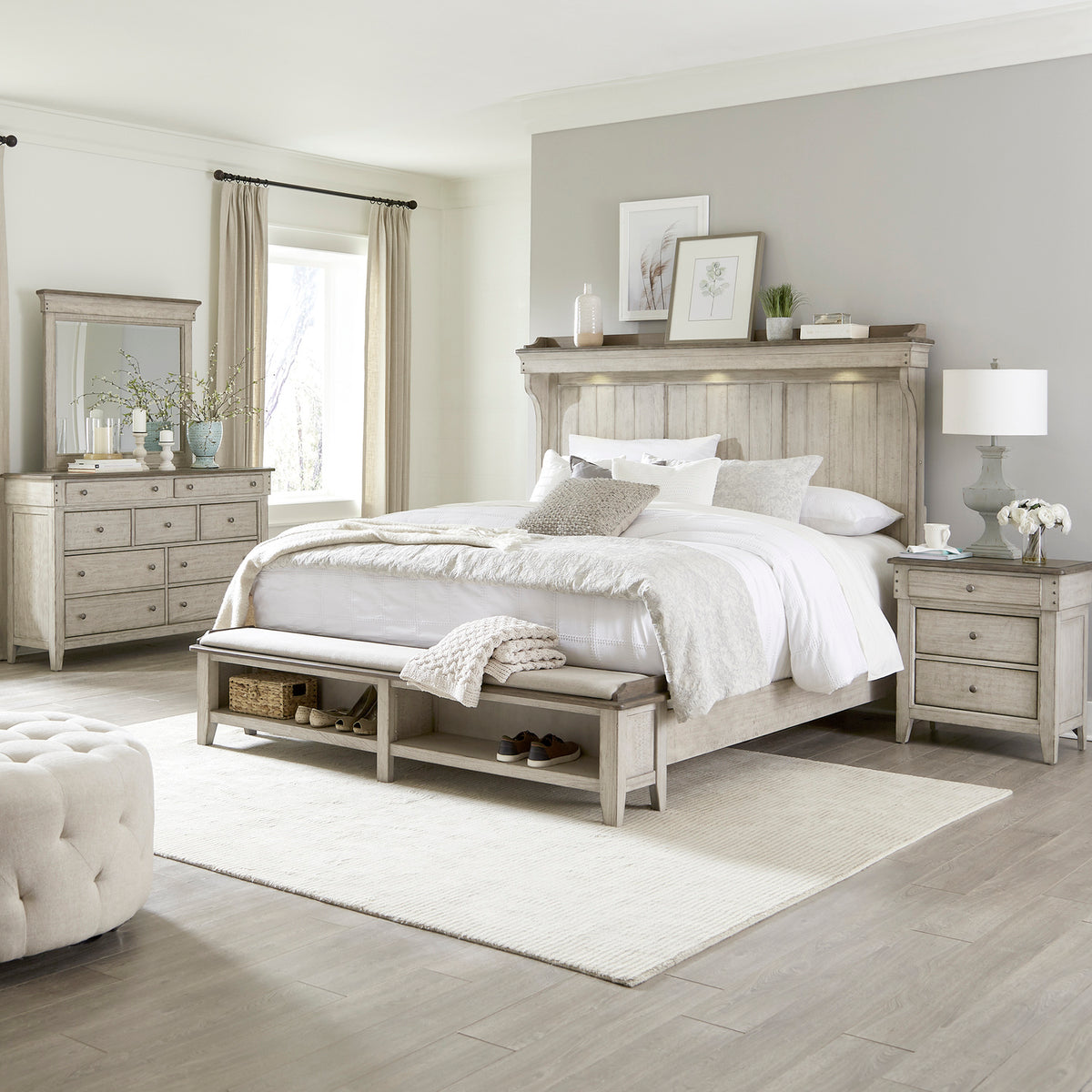 Ivy Hollow Queen Mantle Storage Bed, Dresser & Mirror, Night Stand Bedroom Set
