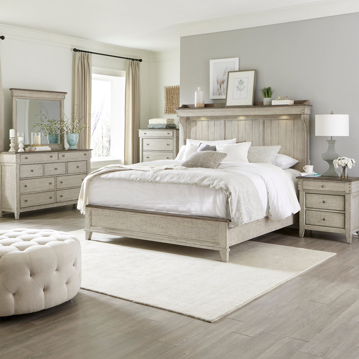 Ivy Hollow Queen Mantle Bed, Dresser & Mirror, Chest, Night Stand Bedroom Set