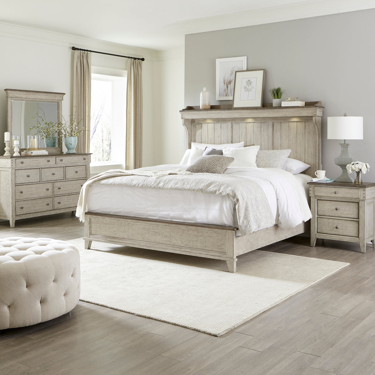 Ivy Hollow Queen Mantle Bed, Dresser & Mirror, Night Stand Bedroom Set