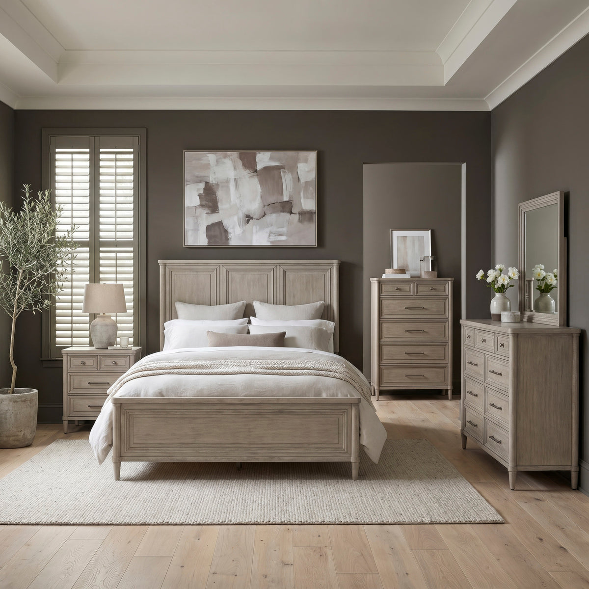 Rochelle Park Queen Panel Bed, Dresser & Mirror, Chest, Night Stand