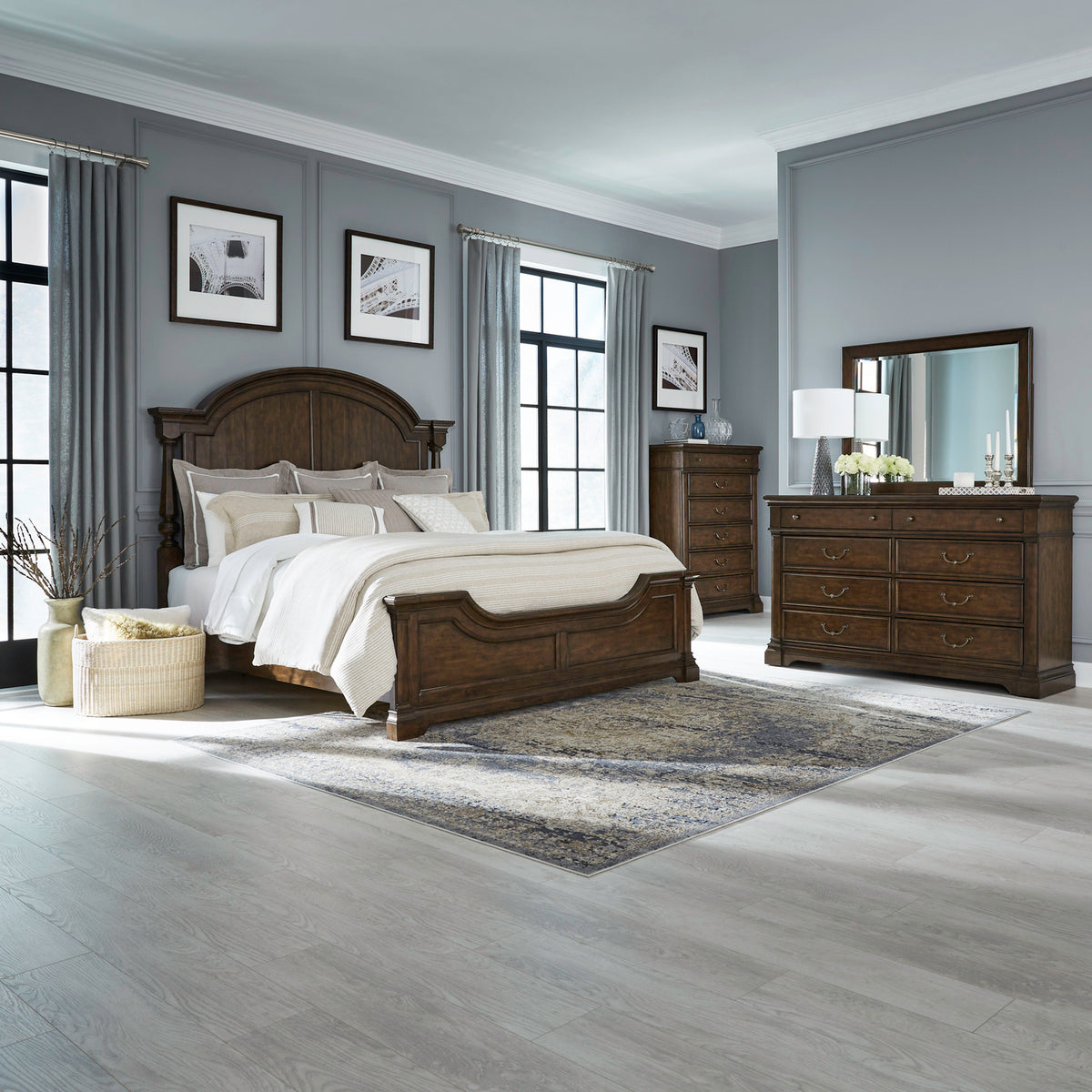 Arden Road Queen Poster Bed, Dresser & Mirror, Chest