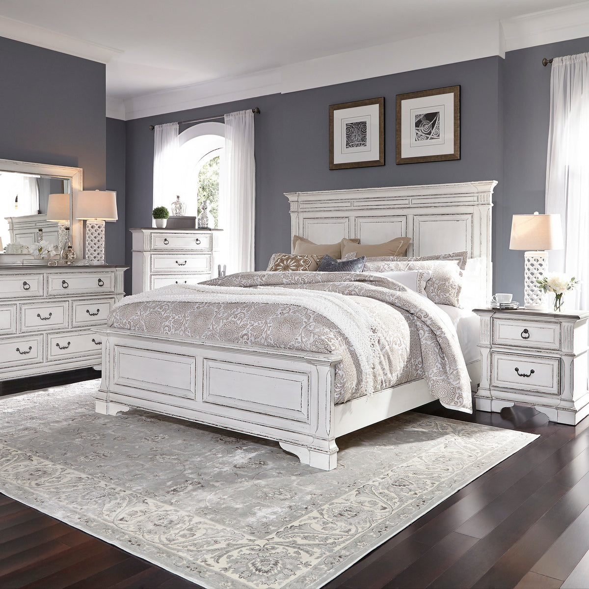 Abbey Park Queen Panel Bed, Dresser & Mirror, Chest, Night Stand Bedroom Set