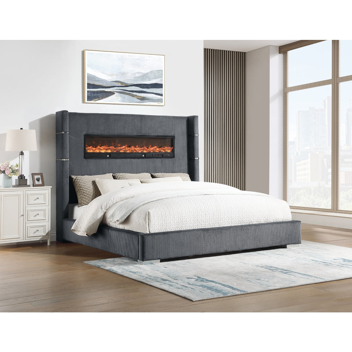 Vadra Uphl Qn Bed W/ Fireplace Display