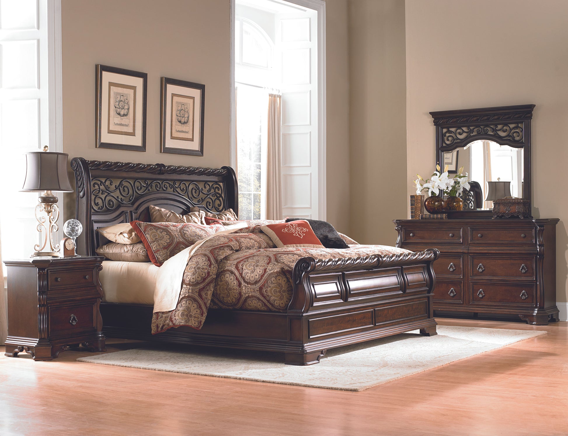 Arbor Place Queen Sleigh Bed, Dresser & Mirror, Night Stand