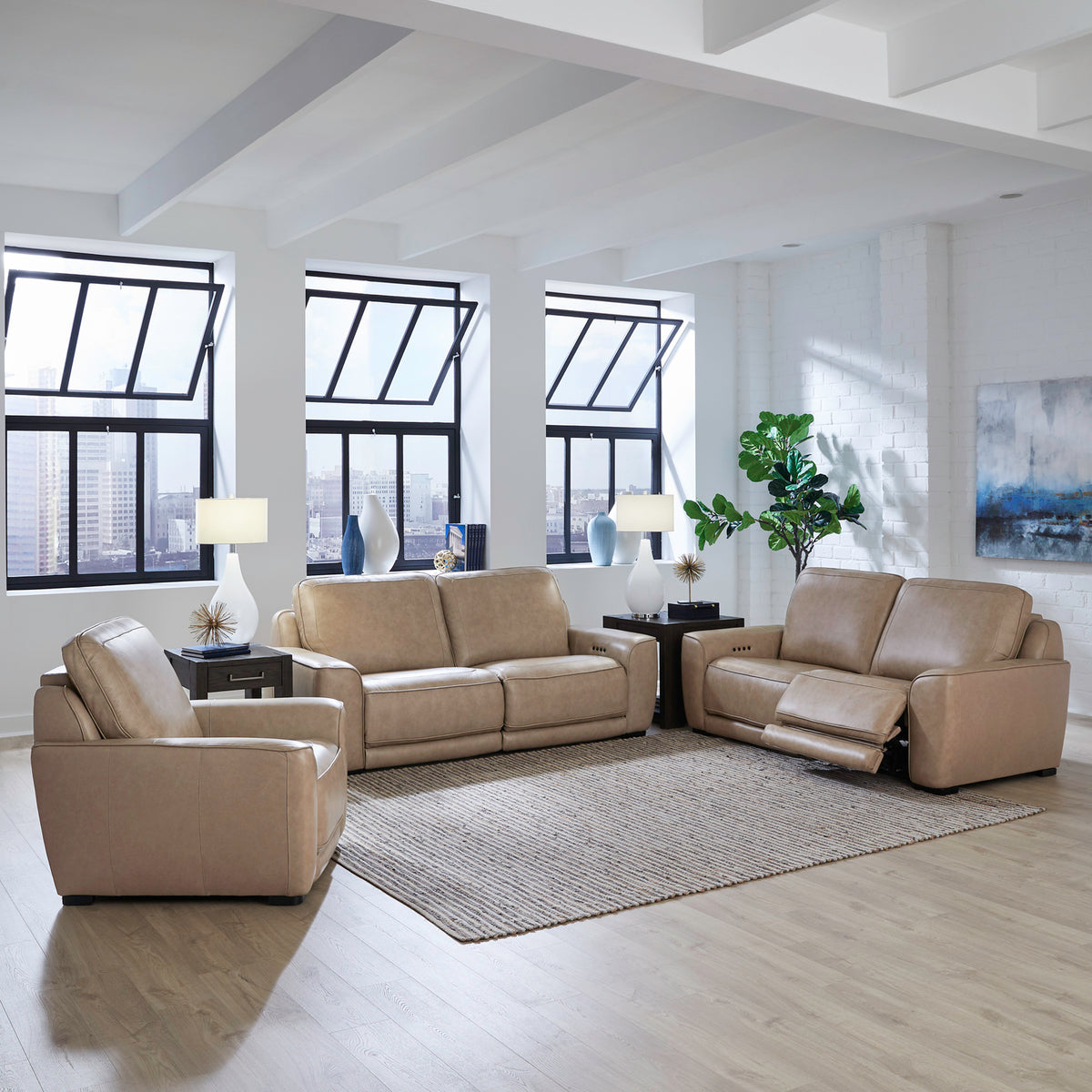 Blake Sofa w/ Loveseat & Recliner (Sophia Oatmeal Leather)