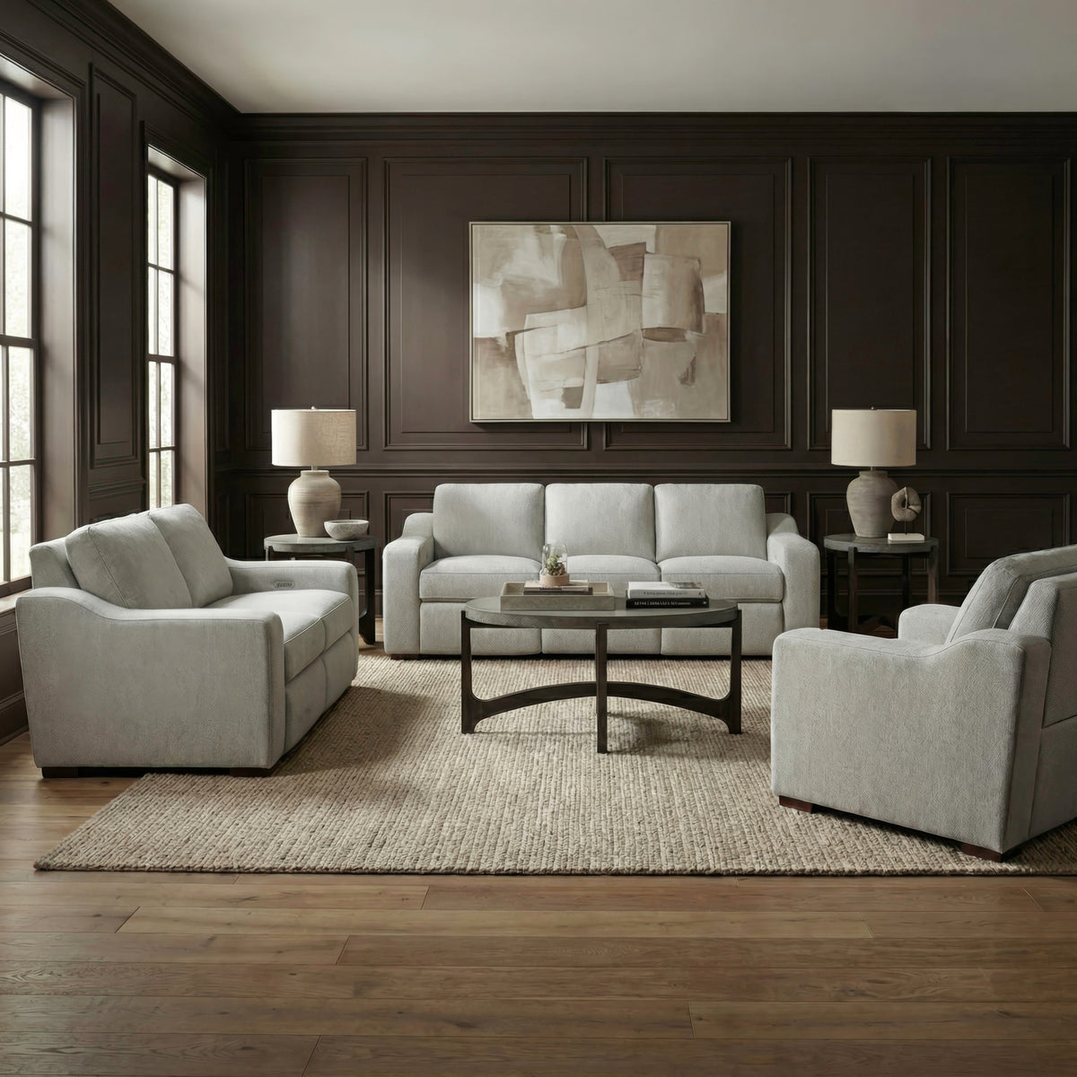 Archer Sofa w/ Loveseat & Recliner (Hampstead Dove Fabric)