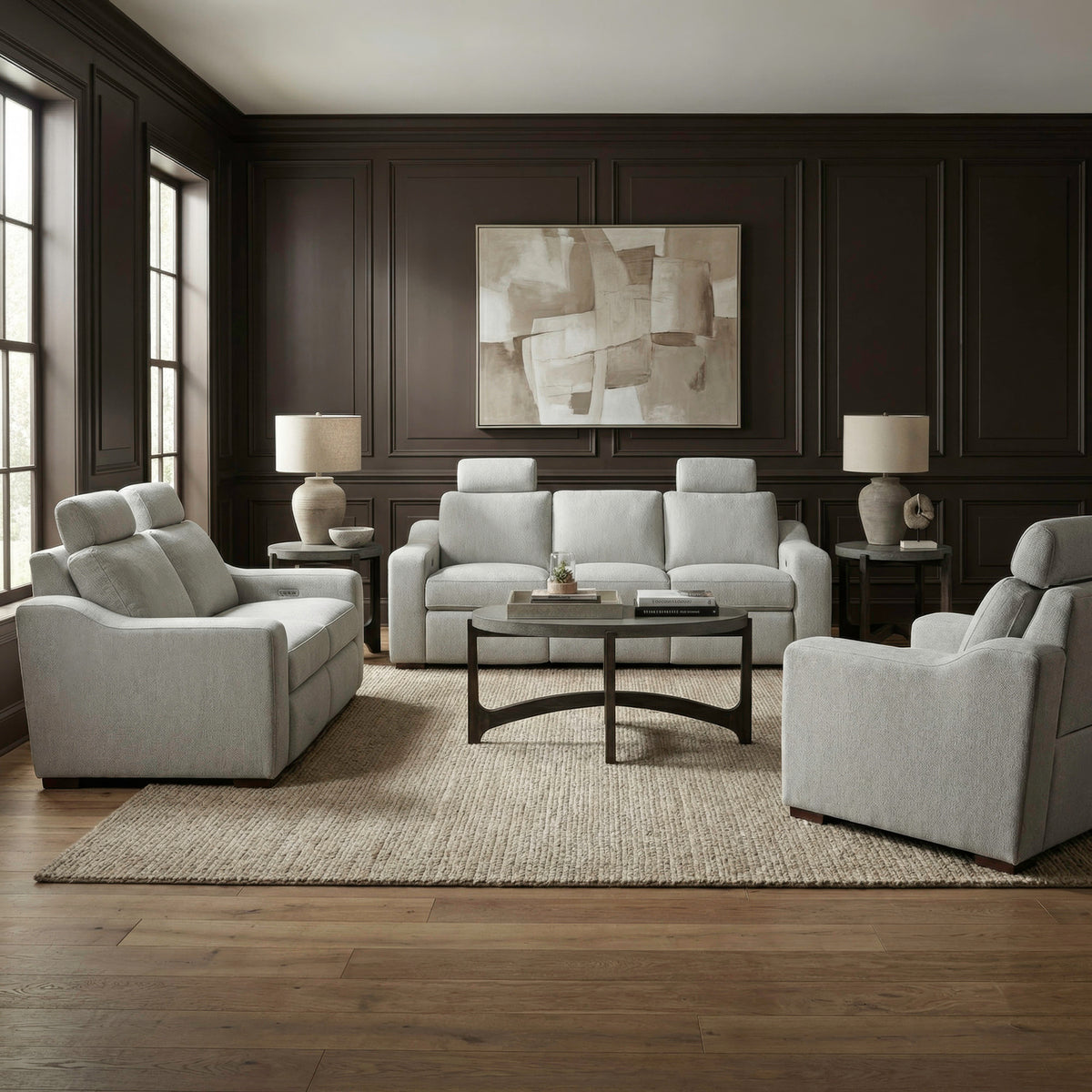 Archer Sofa w/ Loveseat & Recliner (Hampstead Dove Fabric)