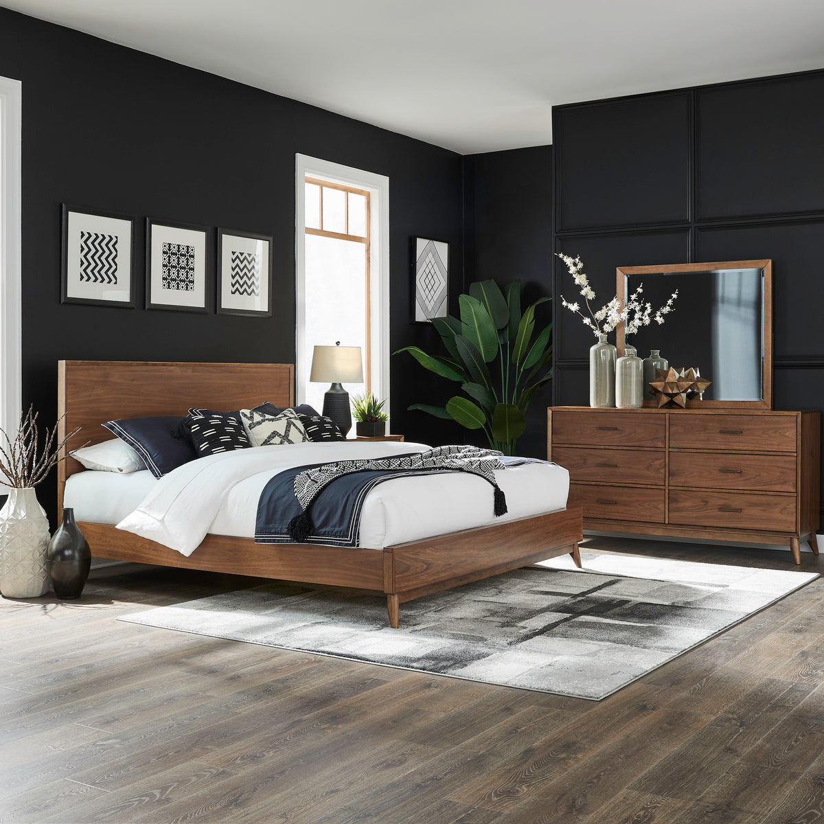 Century Modern Queen Platform Bed, Dresser & Mirror