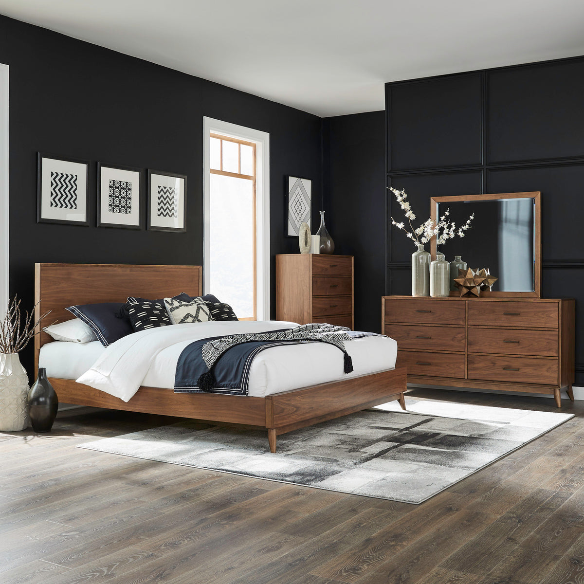 Century Modern Queen Platform Bed, Dresser & Mirror, Chest