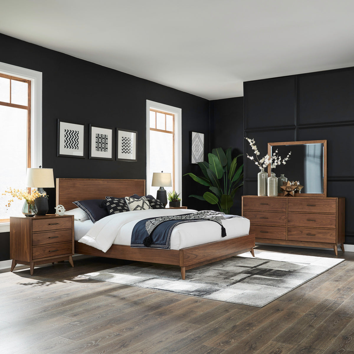 Century Modern Queen Platform Bed, Dresser & Mirror, Night Stand