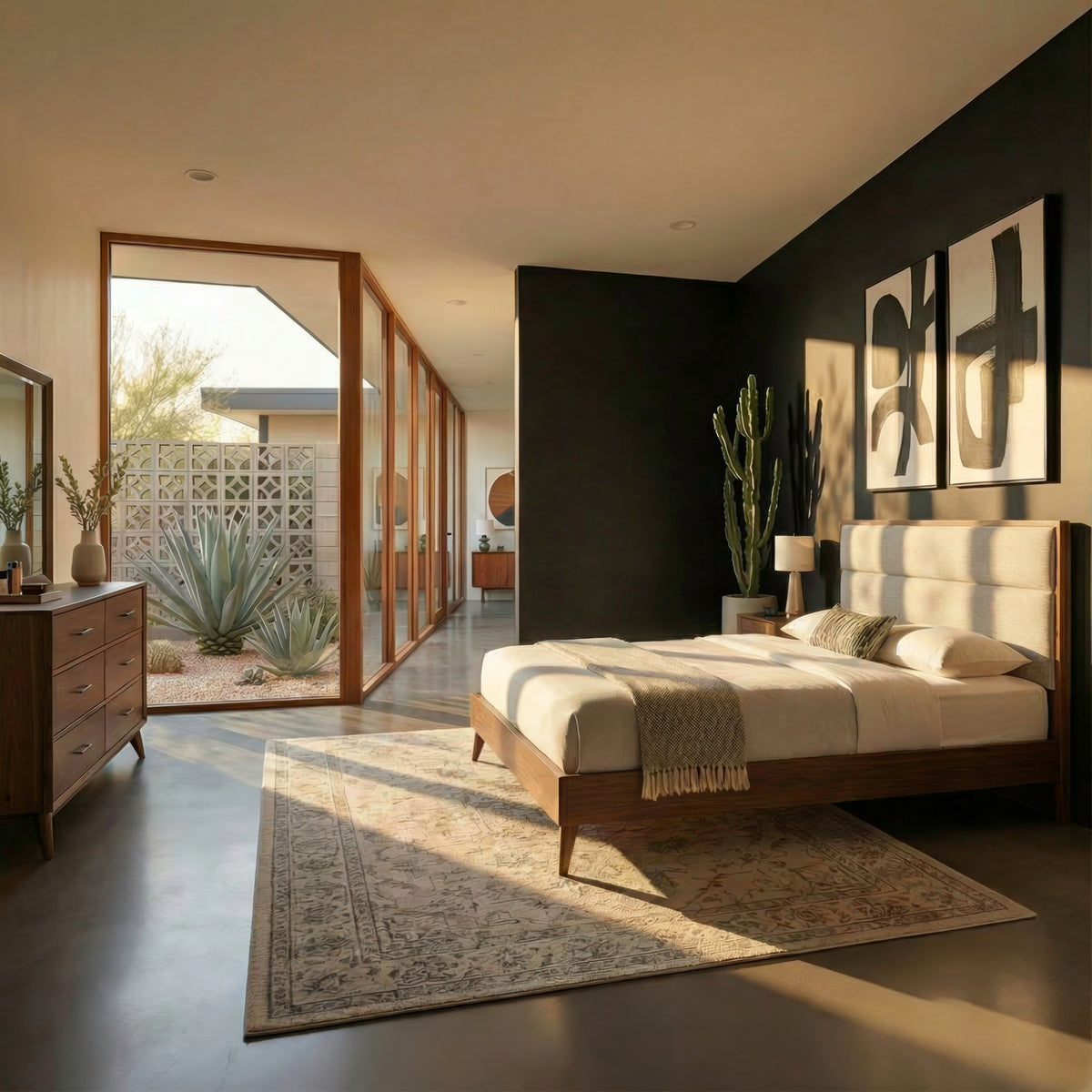 Century Modern Queen Uph Platform Bed, Dresser & Mirror