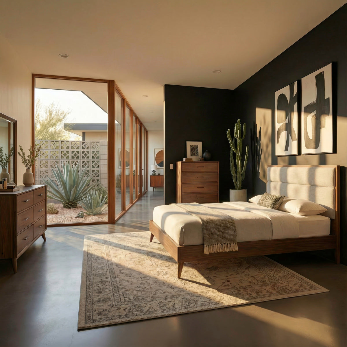 Century Modern Queen Uph Platform Bed, Dresser & Mirror, Chest