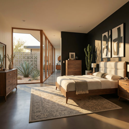 Century Modern Queen Uph Platform Bed, Dresser & Mirror, Night Stand