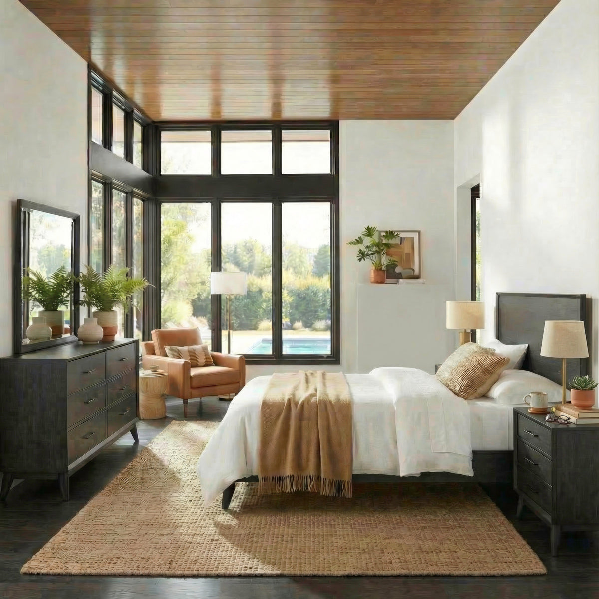 Century Modern Queen Platform Bed, Dresser & Mirror, Night Stand