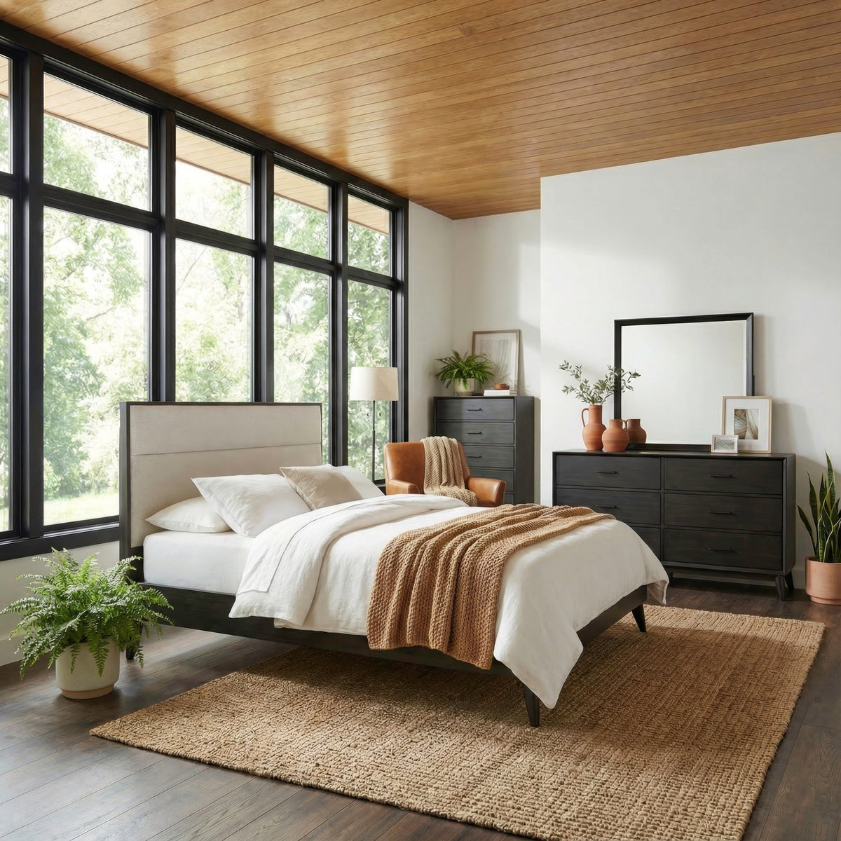 Century Modern Queen Uph Platform Bed, Dresser & Mirror, Chest