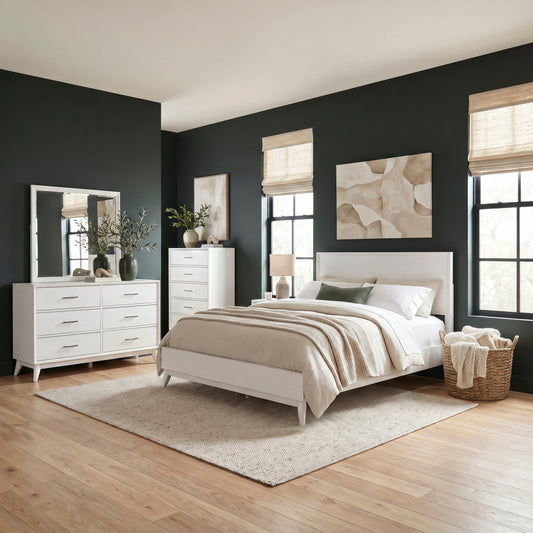 Century Modern Queen Platform Bed, Dresser & Mirror, Chest