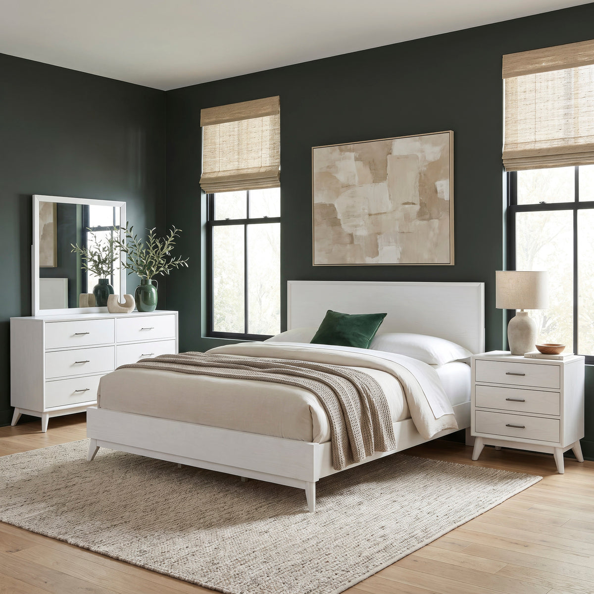 Century Modern Queen Platform Bed, Dresser & Mirror, Night Stand